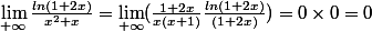  \lim_{+\infty }\frac{ln(1+2x)}{x^{2}+x}=\lim_{+\infty}(\frac{1+2x}{x(x+1)}\frac{ln(1+2x)}{(1+2x)})=0\times 0=0
